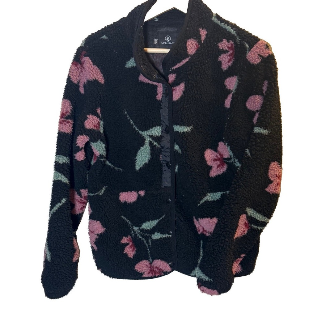 Volcom Women Floral Sherpa Jacket Small Fleece Button Up Earthy Grunge Black